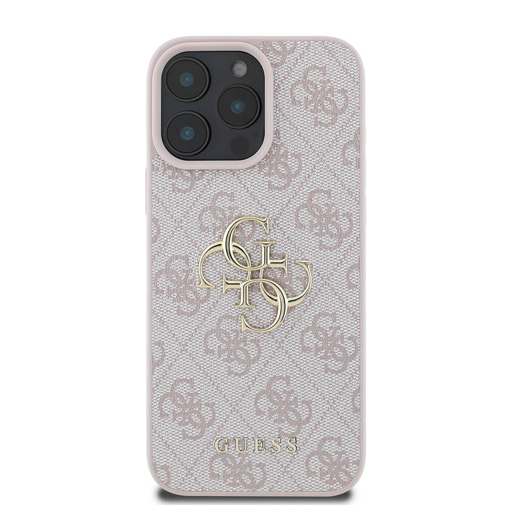 Apple iPhone 16 Pro Kılıf Guess Orjinal Lisanslı PU Deri 4G Desenli Metal Büyük 4G ve Yazı Logolu Kapak Pembe