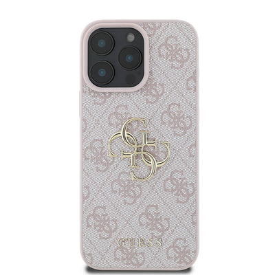 Apple iPhone 16 Pro Kılıf Guess Orjinal Lisanslı PU Deri 4G Desenli Metal Büyük 4G ve Yazı Logolu Kapak Pembe