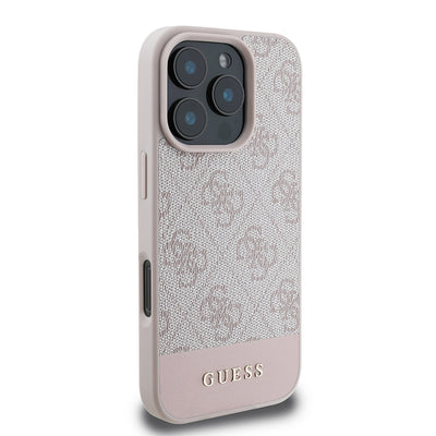 Apple iPhone 16 Pro Kılıf Guess Orjinal Lisanslı PU Deri Şerit Logo Dizaynlı Kapak Gri