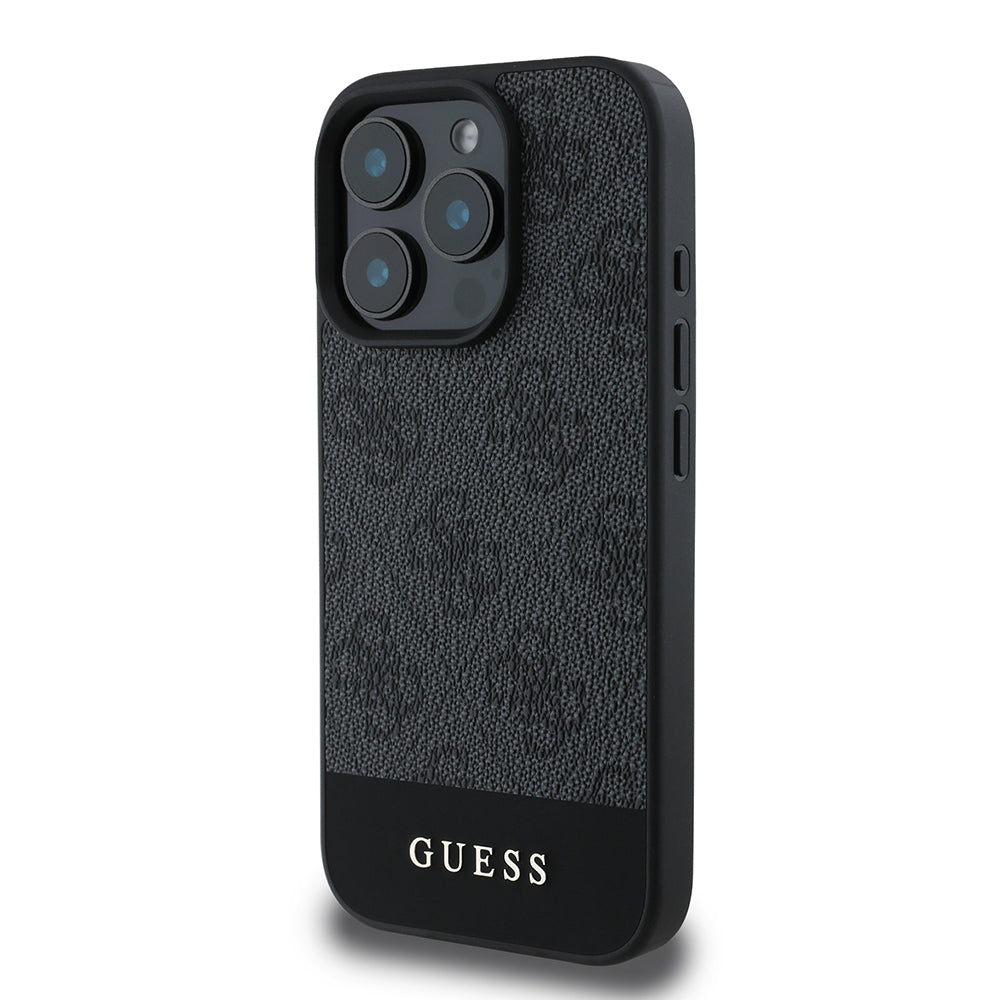 Apple iPhone 16 Pro Kılıf Guess Orjinal Lisanslı PU Deri Şerit Logo Dizaynlı Kapak Kahverengi
