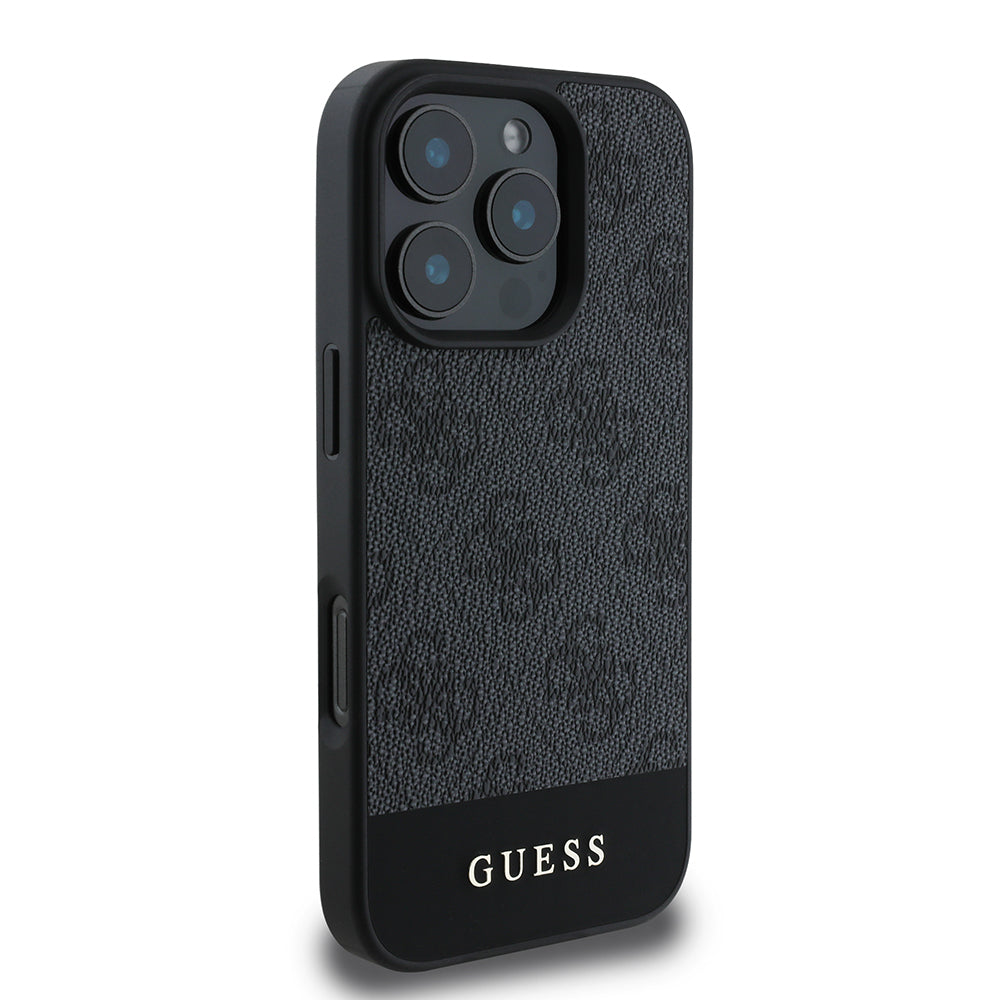Apple iPhone 16 Pro Kılıf Guess Orjinal Lisanslı PU Deri Şerit Logo Dizaynlı Kapak Kahverengi