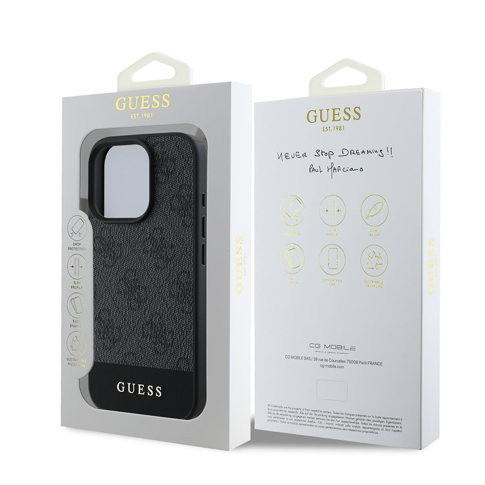 Apple iPhone 16 Pro Kılıf Guess Orjinal Lisanslı PU Deri Şerit Logo Dizaynlı Kapak Gri