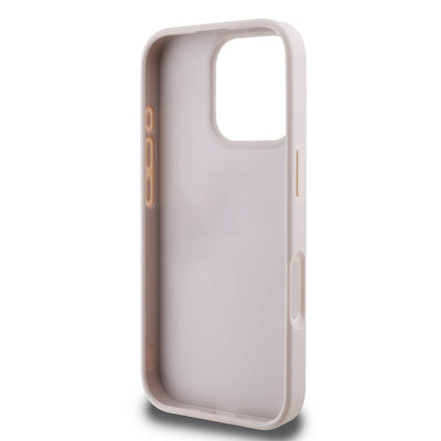 Apple iPhone 16 Pro Kılıf Guess Orjinal Lisanslı PU Deri Taşlı Metal Üçgen Logolu Çapraz Vücut Askılı 4G Desenli Kapak Pembe