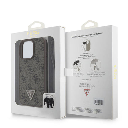 iPhone 16 Pro Kılıf Guess Orjinal Lisanslı PU Deri Taşlı Metal Üçgen Logolu Çapraz Vücut Askılı 4G Desenli Kılıf