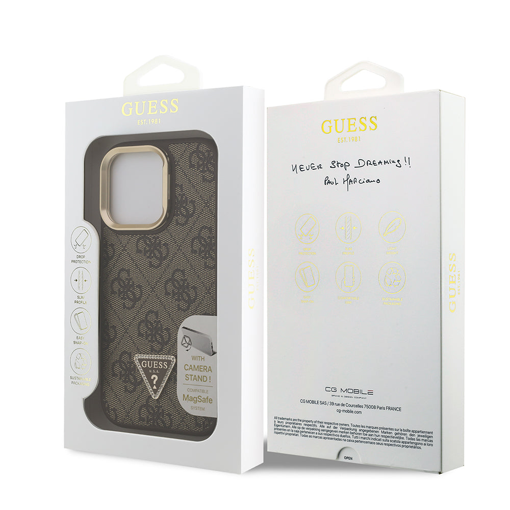 iPhone 16 Pro Kılıf Guess Orjinal Lisanslı PU Deri Taşlı Üçgen Logo 4G Desenli Kamera Standlı Kılıf