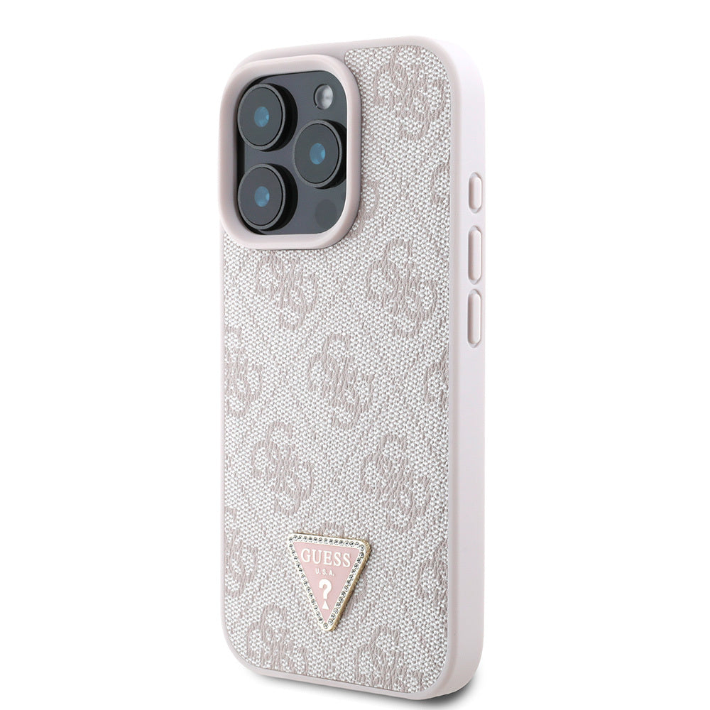 Apple iPhone 16 Pro Kılıf Guess Orjinal Lisanslı PU Deri Taşlı Üçgen Logo 4G Desenli Strass Kapak Pembe