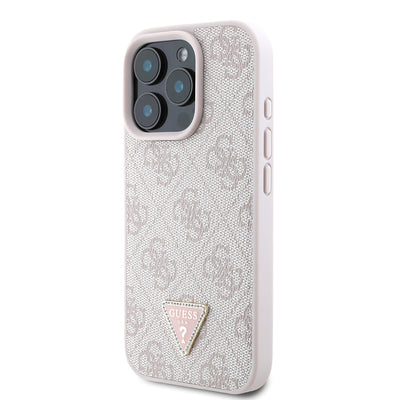 Apple iPhone 16 Pro Kılıf Guess Orjinal Lisanslı PU Deri Taşlı Üçgen Logo 4G Desenli Strass Kapak Pembe