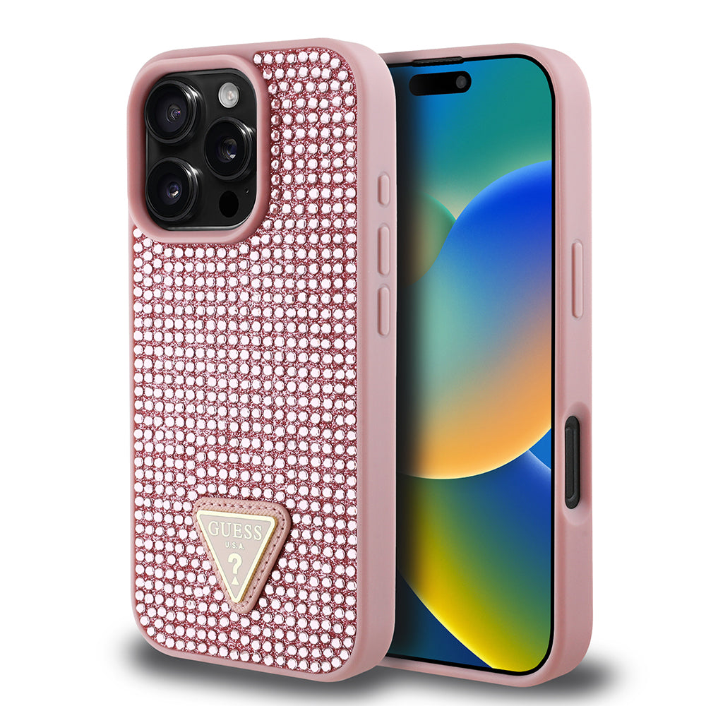 Apple iPhone 16 Pro Kılıf Guess Orjinal Lisanslı Taşlı Arka Yüzey Üçgen Logolu Kapak Gümüş