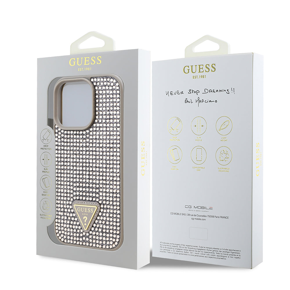 iPhone 16 Pro Kılıf Guess Orjinal Lisanslı Taşlı Arka Yüzey Üçgen Logolu Kılıf