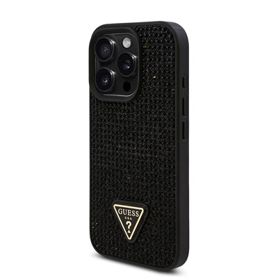 Apple iPhone 16 Pro Kılıf Guess Orjinal Lisanslı Taşlı Arka Yüzey Üçgen Logolu Kapak Pembe