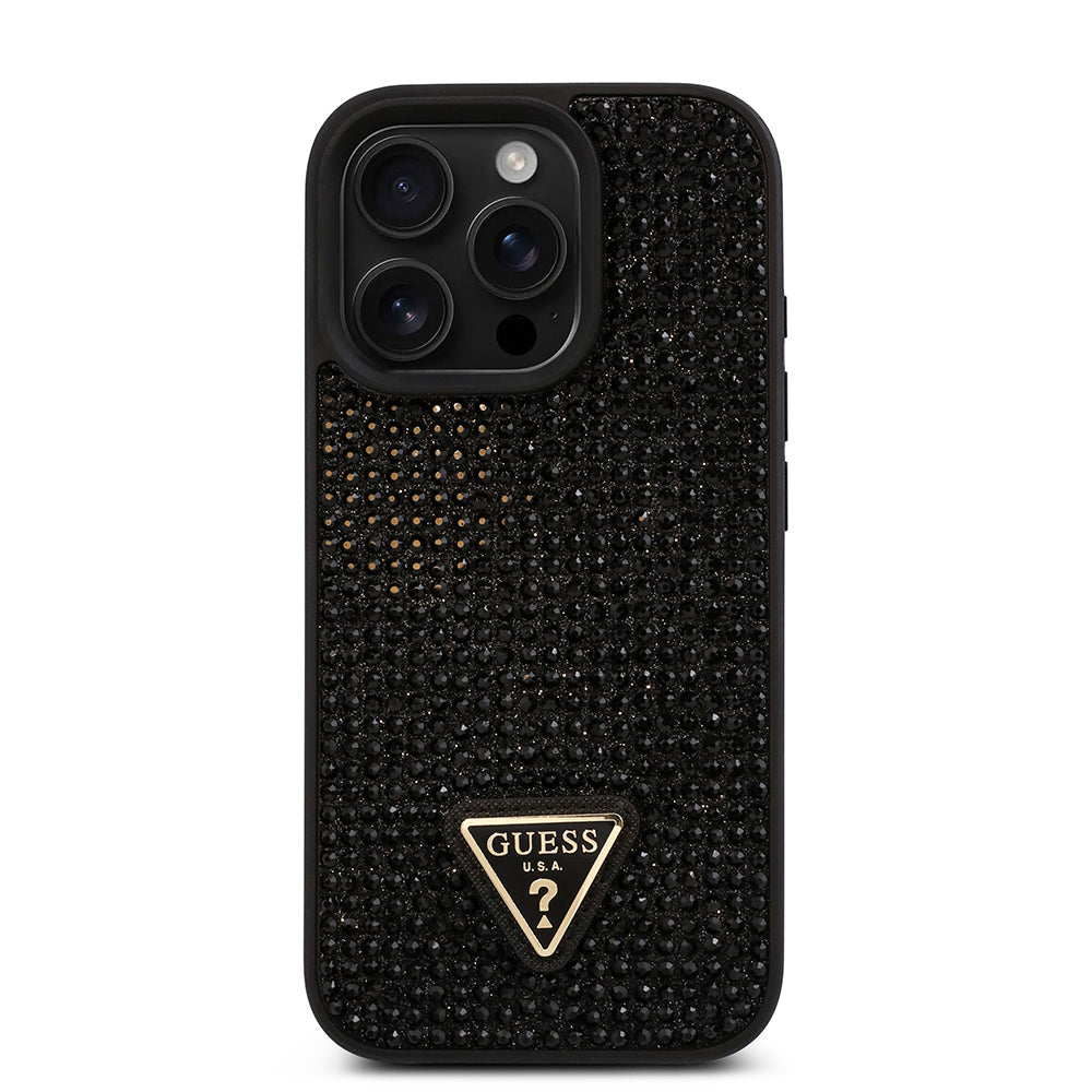 iPhone 16 Pro Kılıf Guess Orjinal Lisanslı Taşlı Arka Yüzey Üçgen Logolu Kılıf