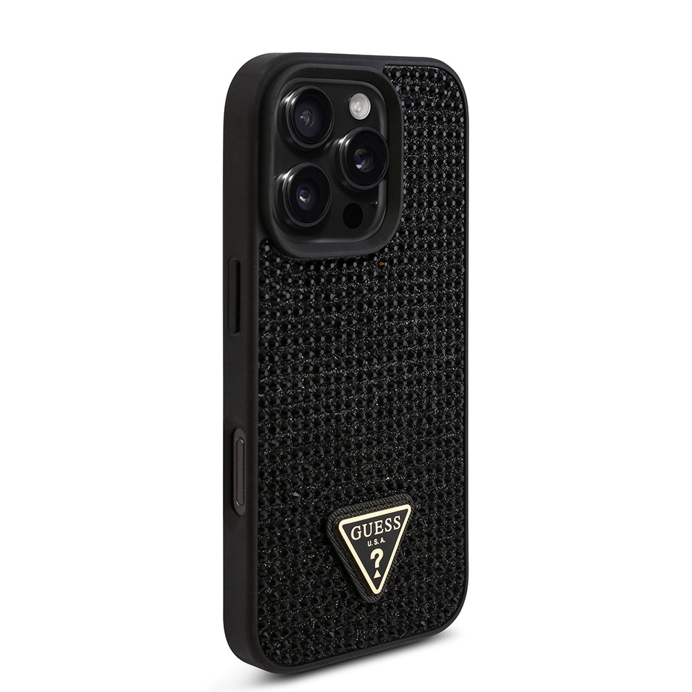 iPhone 16 Pro Kılıf Guess Orjinal Lisanslı Taşlı Arka Yüzey Üçgen Logolu Kılıf