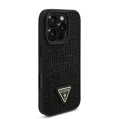 iPhone 16 Pro Kılıf Guess Orjinal Lisanslı Taşlı Arka Yüzey Üçgen Logolu Kılıf