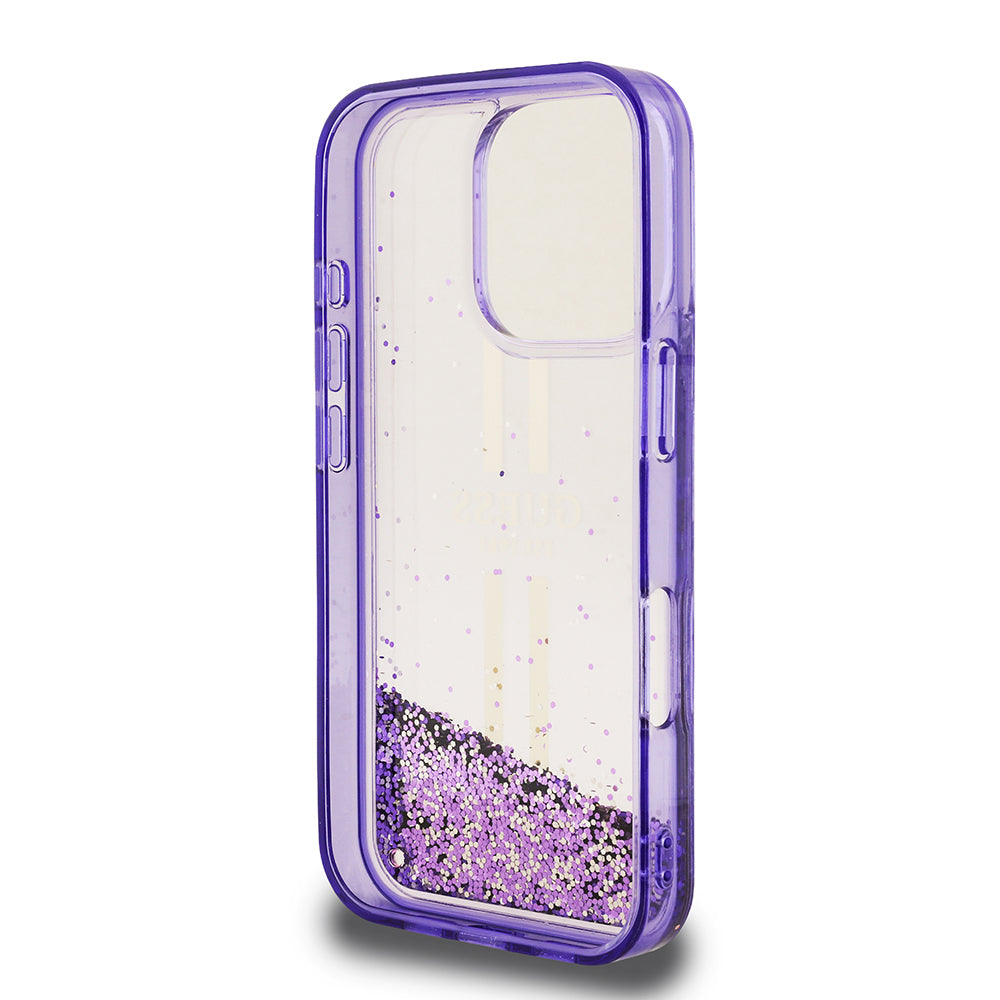 iPhone 16 Pro Kılıf Guess Orjinal Lisanslı Transparan Sıvılı Simli Altın Çizgili Kılıf