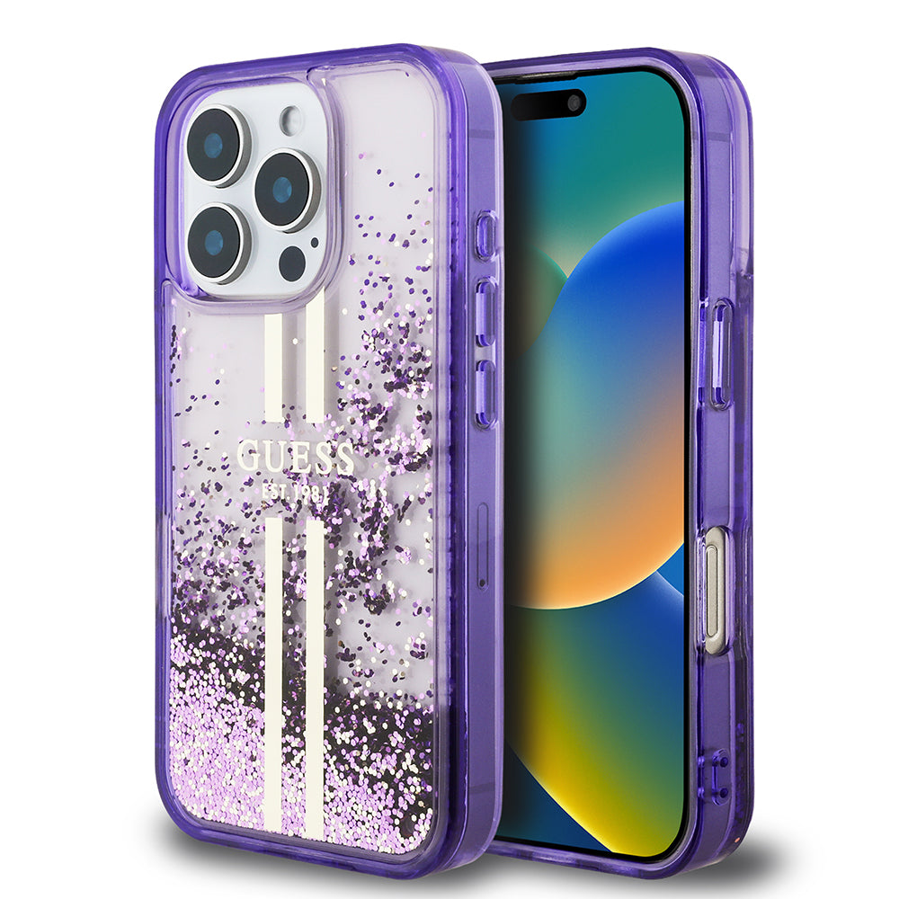 iPhone 16 Pro Kılıf Guess Orjinal Lisanslı Transparan Sıvılı Simli Altın Çizgili Kılıf