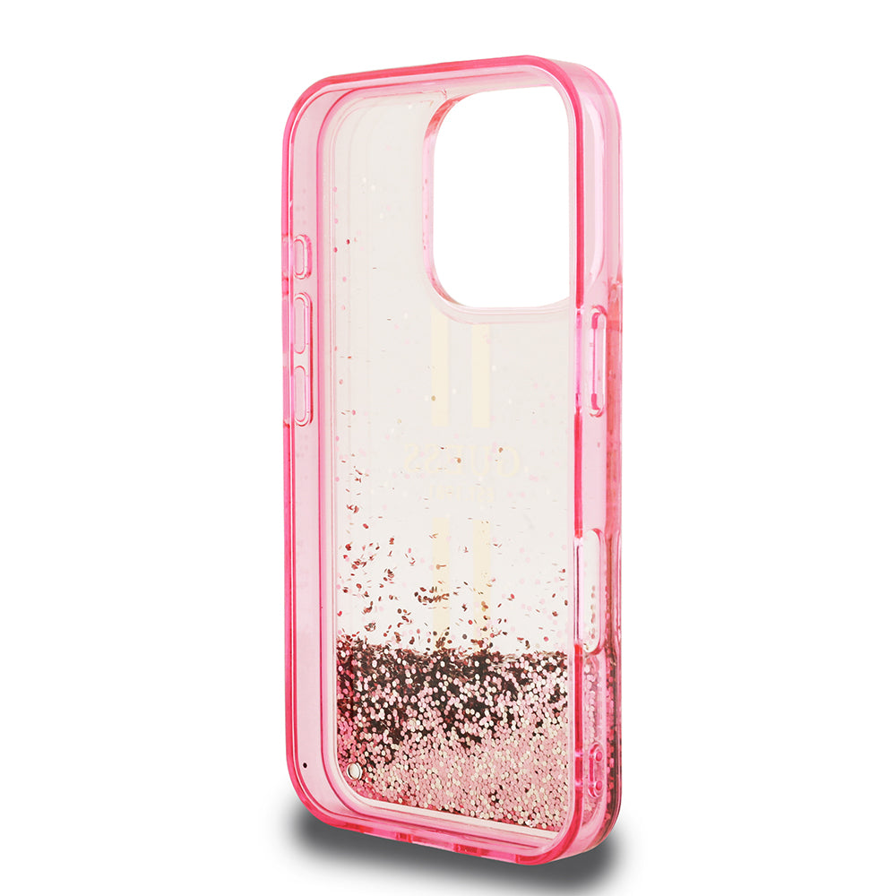 iPhone 16 Pro Kılıf Guess Orjinal Lisanslı Transparan Sıvılı Simli Altın Çizgili Kılıf