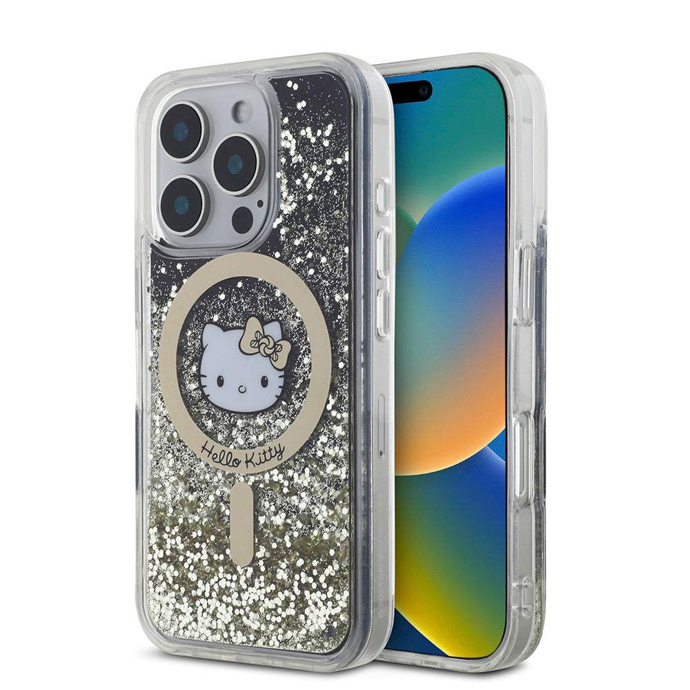 iPhone 16 Pro Kılıf Hello Kitty Orjinal Lisanslı M-safe Şarj Özellikli IML Baskı Kitty Head Logolu Sıvılı Simli Altın Ateşi Kılıf