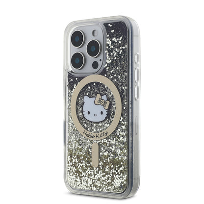 iPhone 16 Pro Kılıf Hello Kitty Orjinal Lisanslı M-safe Şarj Özellikli IML Baskı Kitty Head Logolu Sıvılı Simli Altın Ateşi Kılıf