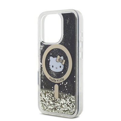 Apple iPhone 16 Pro Kılıf Hello Kitty Orjinal Lisanslı Magsafe Şarj Özellikli IML Baskı Kitty Head Logolu Sıvılı Simli Altın Ateşi Kapak Siyah