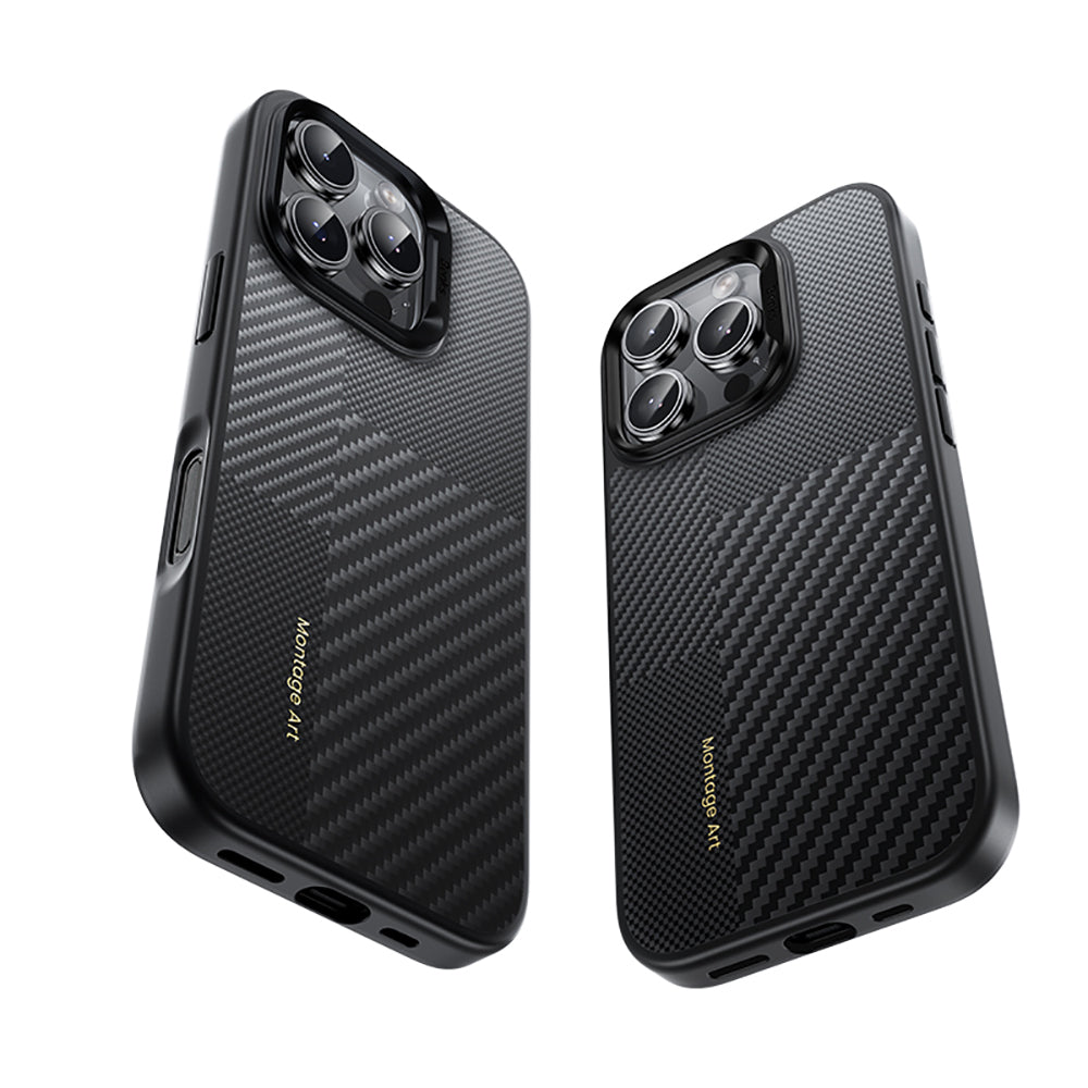 iPhone 16 Pro Kılıf Karbon Fiber M-safe Şarj Özellikli Kamera Kontrol Butonlu Benks Hybrid ArmorPro Montage Kevlar Kılıf