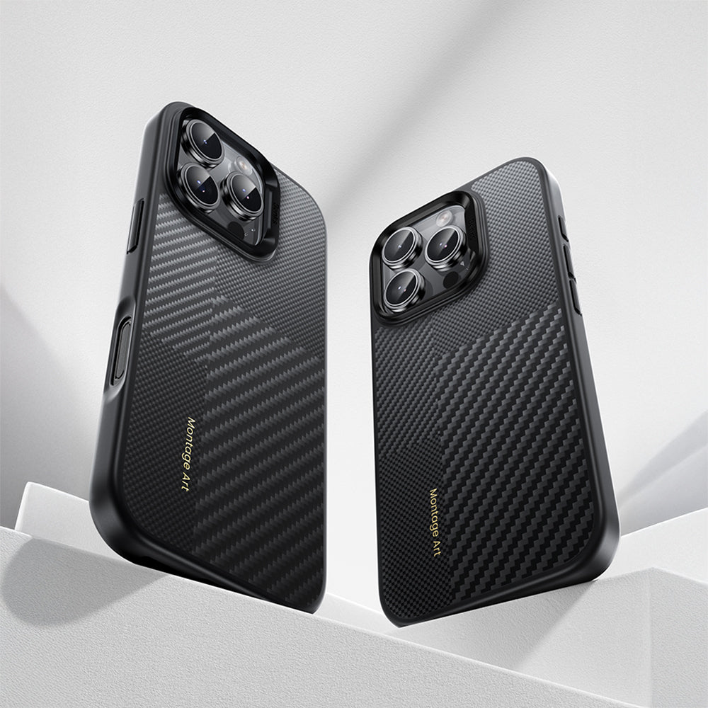 iPhone 16 Pro Kılıf Karbon Fiber M-safe Şarj Özellikli Kamera Kontrol Butonlu Benks Hybrid ArmorPro Montage Kevlar Kılıf