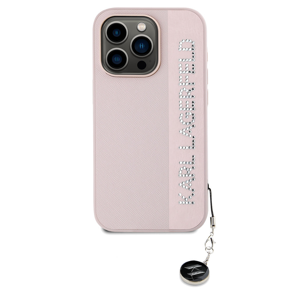 Apple iPhone 16 Pro Kılıf Karl Lagerfeld Orjinal Lisanslı Anahtarlıklı Taşlı KL Yazılı Saffiano Rhinestones Kapak Pembe