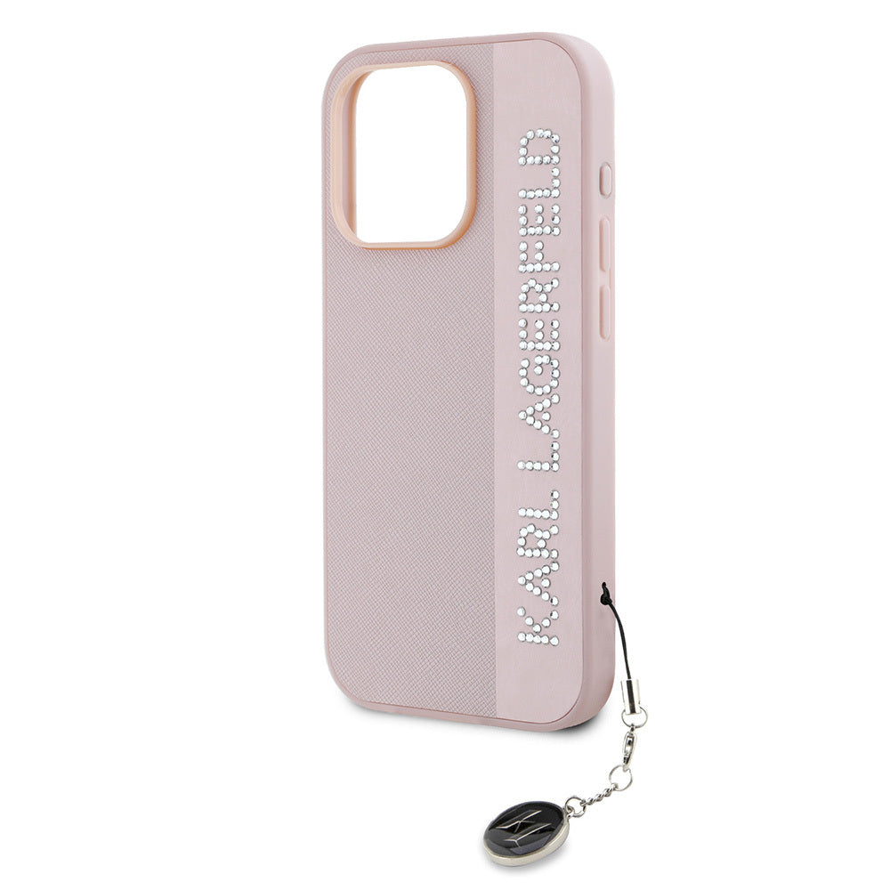 Apple iPhone 16 Pro Kılıf Karl Lagerfeld Orjinal Lisanslı Anahtarlıklı Taşlı KL Yazılı Saffiano Rhinestones Kapak Pembe