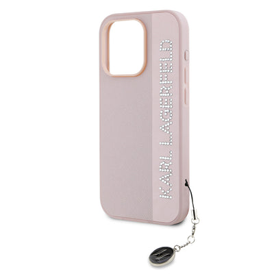 Apple iPhone 16 Pro Kılıf Karl Lagerfeld Orjinal Lisanslı Anahtarlıklı Taşlı KL Yazılı Saffiano Rhinestones Kapak Pembe