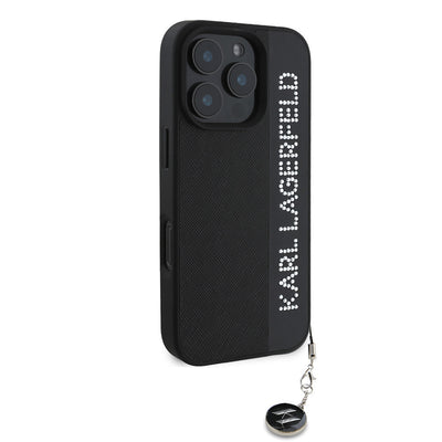 Apple iPhone 16 Pro Kılıf Karl Lagerfeld Orjinal Lisanslı Anahtarlıklı Taşlı KL Yazılı Saffiano Rhinestones Kapak Pembe