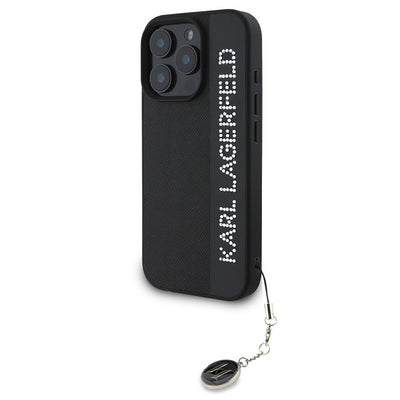 Apple iPhone 16 Pro Kılıf Karl Lagerfeld Orjinal Lisanslı Anahtarlıklı Taşlı KL Yazılı Saffiano Rhinestones Kapak Pembe