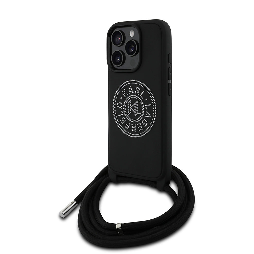 iPhone 16 Pro Kılıf Karl Lagerfeld Orjinal Lisanslı Askı İpli Taşlı KL Yazılı Crossbody Cord Kılıf