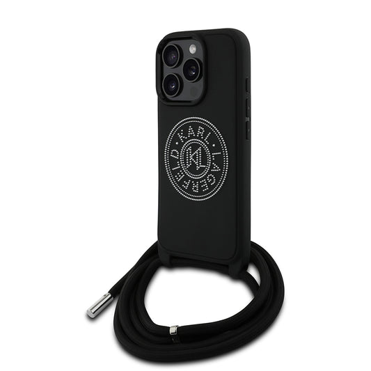 iPhone 16 Pro Kılıf Karl Lagerfeld Orjinal Lisanslı Askı İpli Taşlı KL Yazılı Crossbody Cord Kılıf