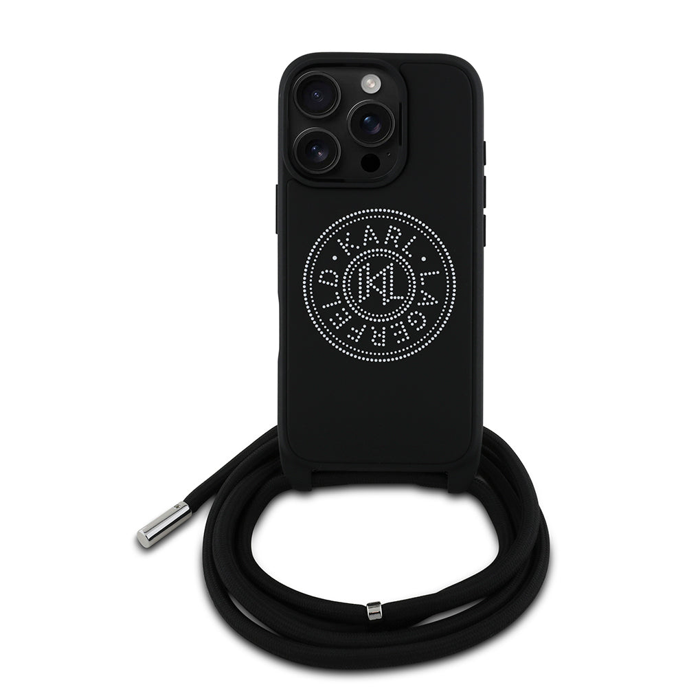 iPhone 16 Pro Kılıf Karl Lagerfeld Orjinal Lisanslı Askı İpli Taşlı KL Yazılı Crossbody Cord Kılıf