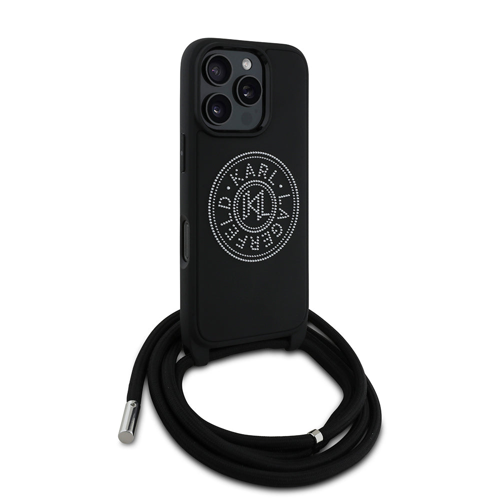 iPhone 16 Pro Kılıf Karl Lagerfeld Orjinal Lisanslı Askı İpli Taşlı KL Yazılı Crossbody Cord Kılıf