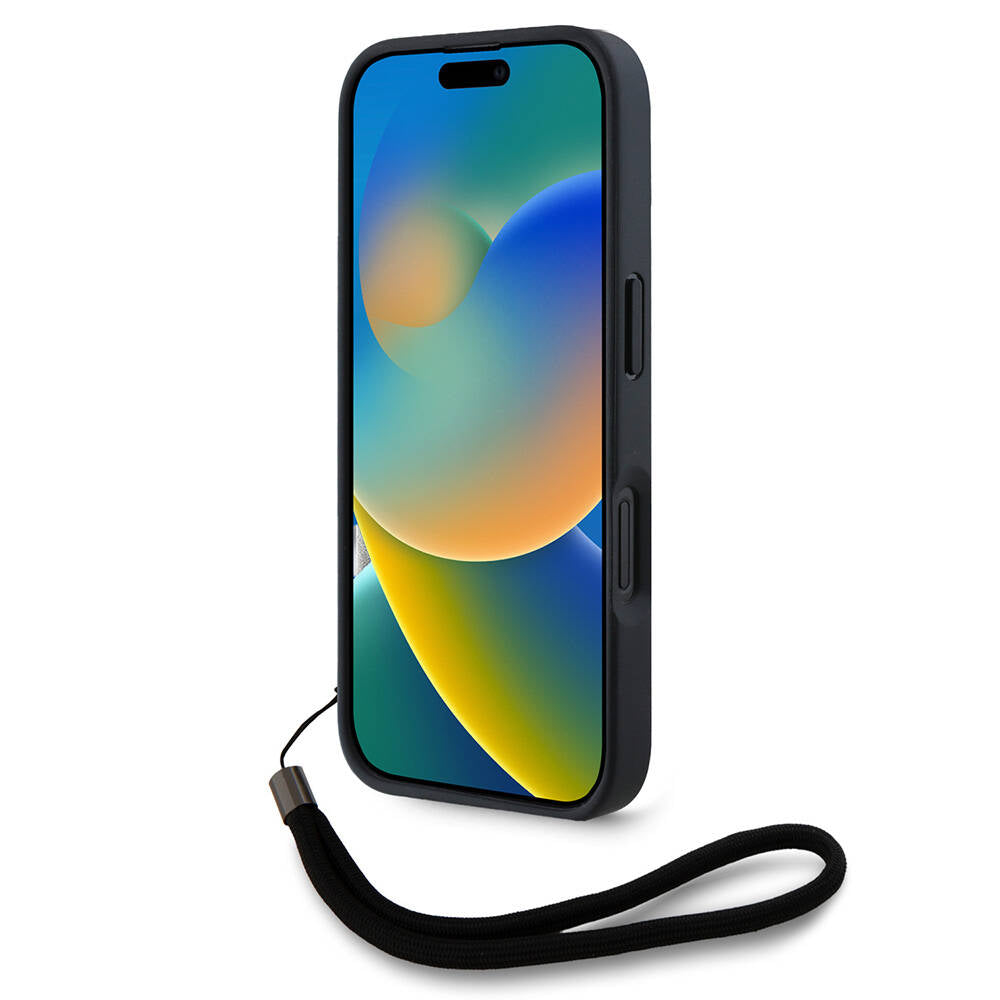 Apple iPhone 16 Pro Kılıf Karl Lagerfeld Orjinal Lisanslı Askılı Saffiano Athleisure Şerit Çizgili Kapak Siyah-Pembe