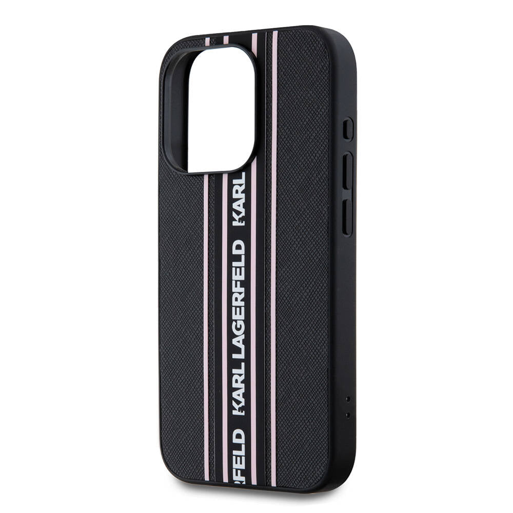 Apple iPhone 16 Pro Kılıf Karl Lagerfeld Orjinal Lisanslı Askılı Saffiano Athleisure Şerit Çizgili Kapak Siyah-Pembe