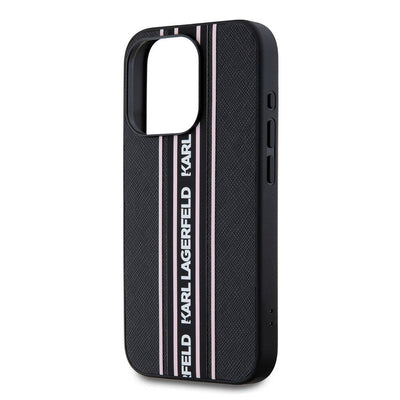 Apple iPhone 16 Pro Kılıf Karl Lagerfeld Orjinal Lisanslı Askılı Saffiano Athleisure Şerit Çizgili Kapak Siyah-Pembe