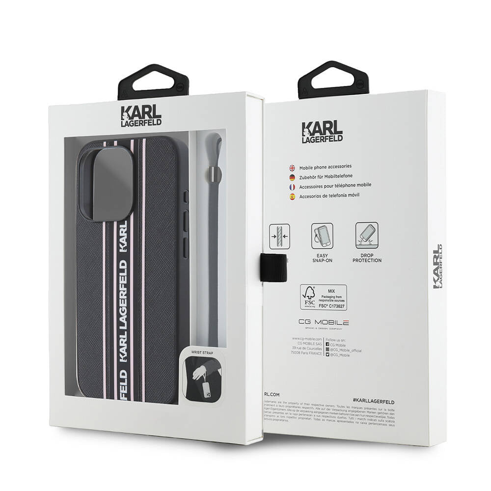 Apple iPhone 16 Pro Kılıf Karl Lagerfeld Orjinal Lisanslı Askılı Saffiano Athleisure Şerit Çizgili Kapak Siyah-Pembe