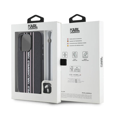 Apple iPhone 16 Pro Kılıf Karl Lagerfeld Orjinal Lisanslı Askılı Saffiano Athleisure Şerit Çizgili Kapak Siyah-Pembe