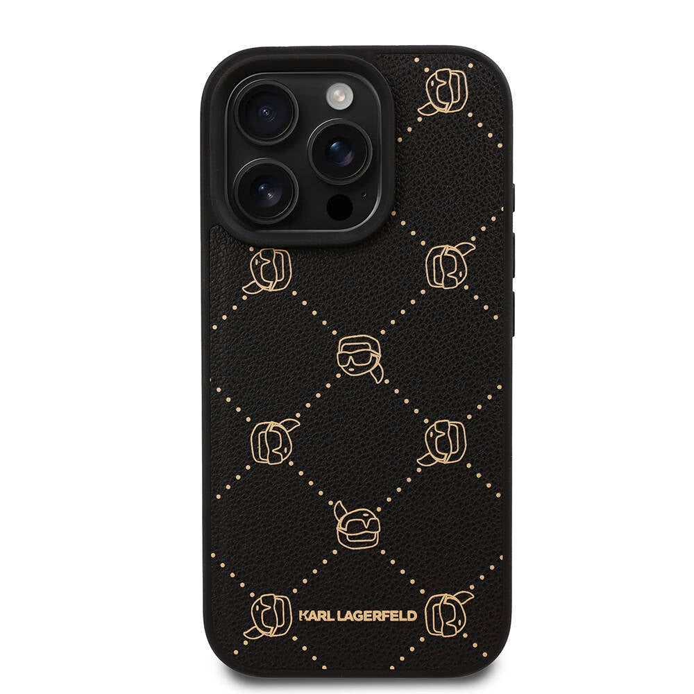 Apple iPhone 16 Pro Kılıf Karl Lagerfeld Orjinal Lisanslı Magsafe Şarj Özellikli PU Deri Karl Heads Desenli Klasik Logolu Kapak Siyah