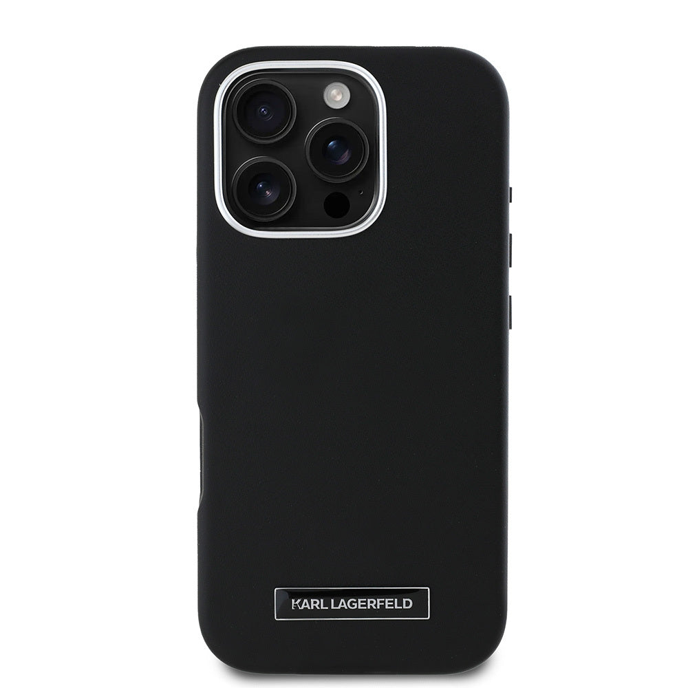 iPhone 16 Pro Kılıf Karl Lagerfeld Orjinal Lisanslı M-safe Şarj Özellikli Metal Kamera ve Buton Tasarımlı Plaka Logolu PU Deri Kılıf