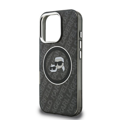 Apple iPhone 16 Pro Kılıf Karl Lagerfeld Orjinal Lisanslı Parlayan Simli Karl & Choupette Heads Kapak Siyah