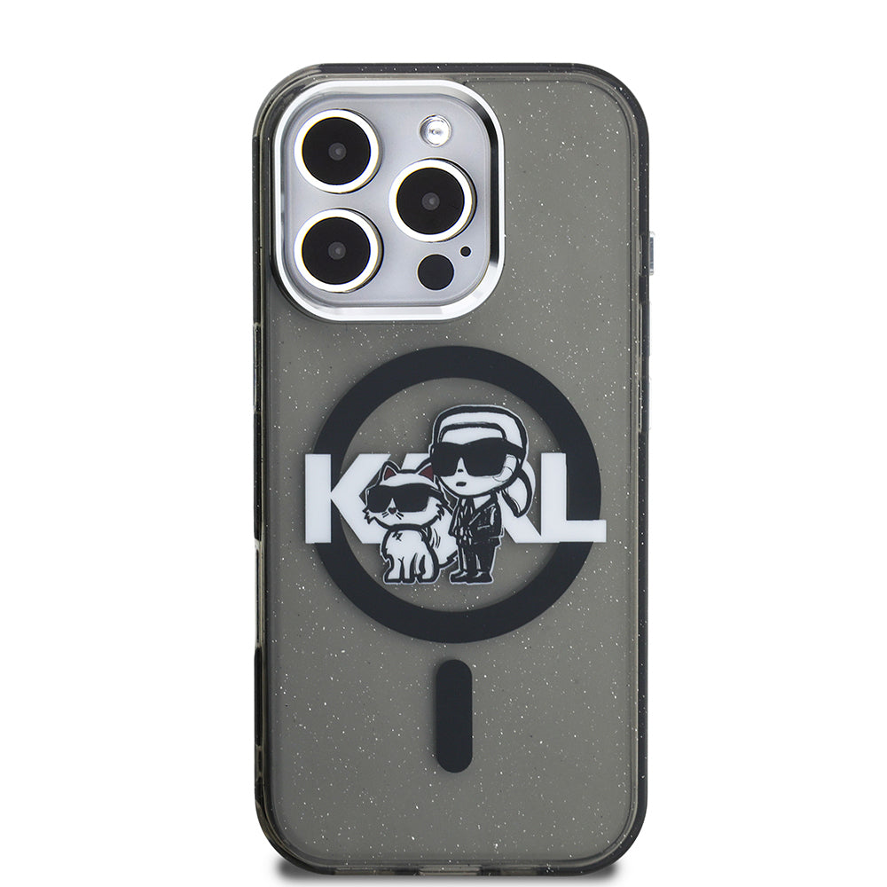 iPhone 16 Pro Kılıf Karl Lagerfeld Orjinal Lisanslı Parlayan Simli Karl & Choupette Sketch Logo Kılıf