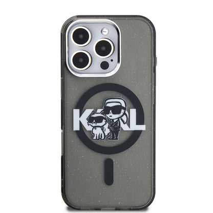 iPhone 16 Pro Kılıf Karl Lagerfeld Orjinal Lisanslı Parlayan Simli Karl & Choupette Sketch Logo Kılıf