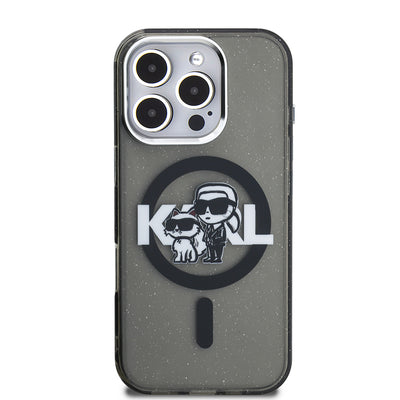Apple iPhone 16 Pro Kılıf Karl Lagerfeld Orjinal Lisanslı Parlayan Simli Karl & Choupette Sketch Logo Kapak Siyah