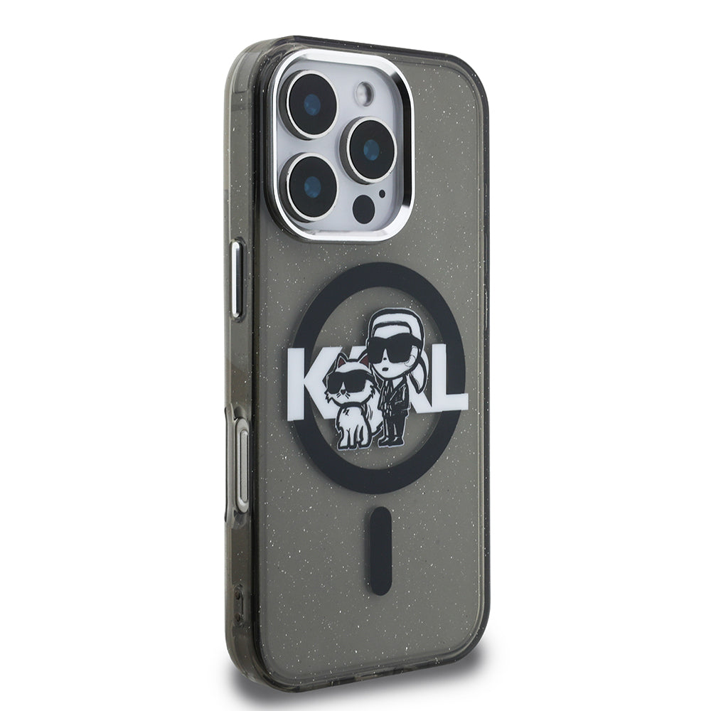 iPhone 16 Pro Kılıf Karl Lagerfeld Orjinal Lisanslı Parlayan Simli Karl & Choupette Sketch Logo Kılıf