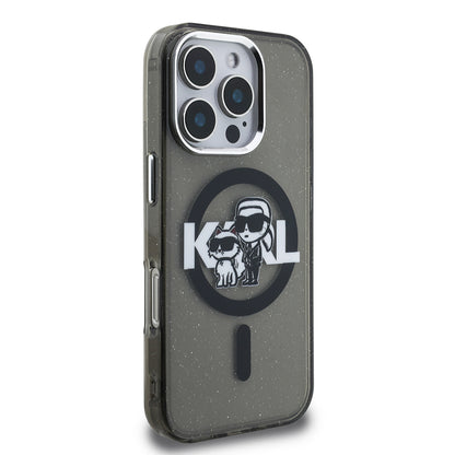 iPhone 16 Pro Kılıf Karl Lagerfeld Orjinal Lisanslı Parlayan Simli Karl & Choupette Sketch Logo Kılıf