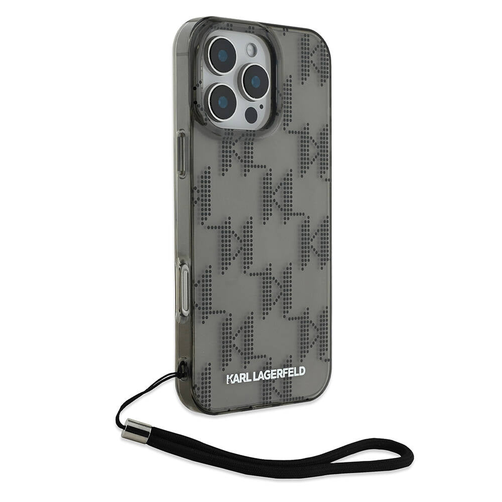 iPhone 16 Pro Kılıf Karl Lagerfeld Orjinal Lisanslı KL Desenli Saydam Bilek Askı İpli Klasik Logolu Kılıf