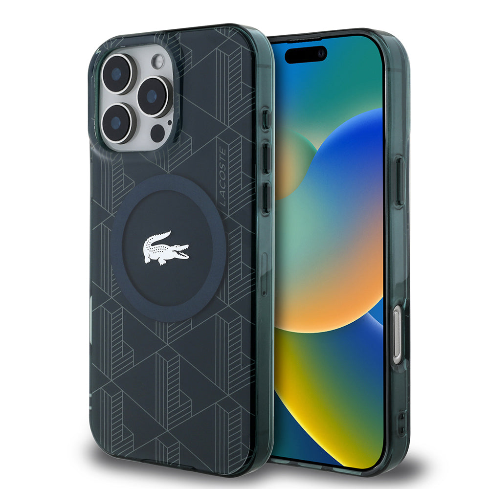 iPhone 16 Pro Kılıf Lacoste Orjinal Lisanslı M-safe Şarj Özellikli IML Baskılı Gümüş Timsah Logolu Monogram Kılıf