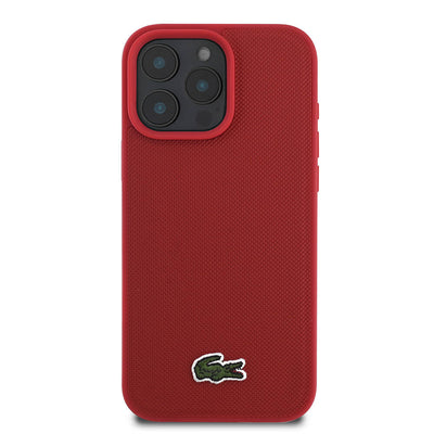 Apple iPhone 16 Pro Kılıf Lacoste Orjinal Lisanslı PU Pike Desenli Arka Yüzey İkonik Timsah Dokuma Logolu Kapak Kırmızı